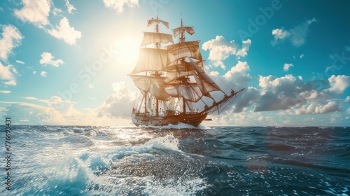 A large ship sails through the ocean with a bright sun shining on it. The scene is serene and peaceful, with the ship being the main focus of the image