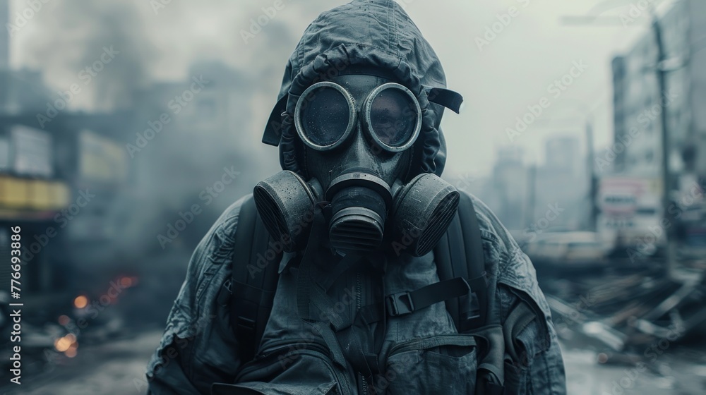 A man in a gas mask is standing in a city street. The scene is dark and gloomy, with smoke and ash in the air. The man's gas mask and backpack give off a sense of danger and fear A man in a gas mask is standing in a city street. The scene is dark and gloomy, with smoke and ash in the air. The man's gas mask and backpack give off a sense of danger and fear