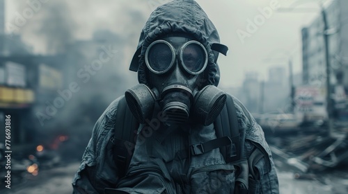 A man in a gas mask is standing in a city street. The scene is dark and gloomy, with smoke and ash in the air. The man's gas mask and backpack give off a sense of danger and fear