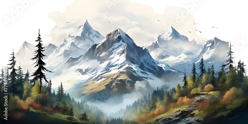 Background with mountains ink mountain landscape mountains in the fog trees on the mountain ink. Tranquil Mountain Background © Laiba