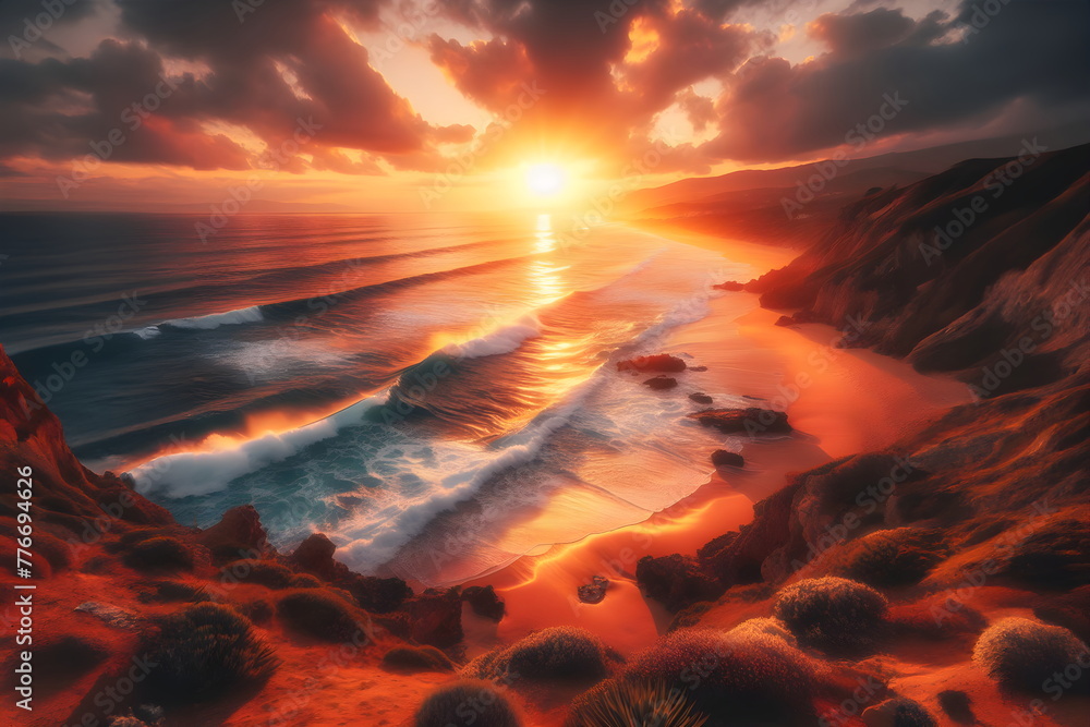 view of a beach with waves and a sunset, beautiful sunrise, sunset on the beach