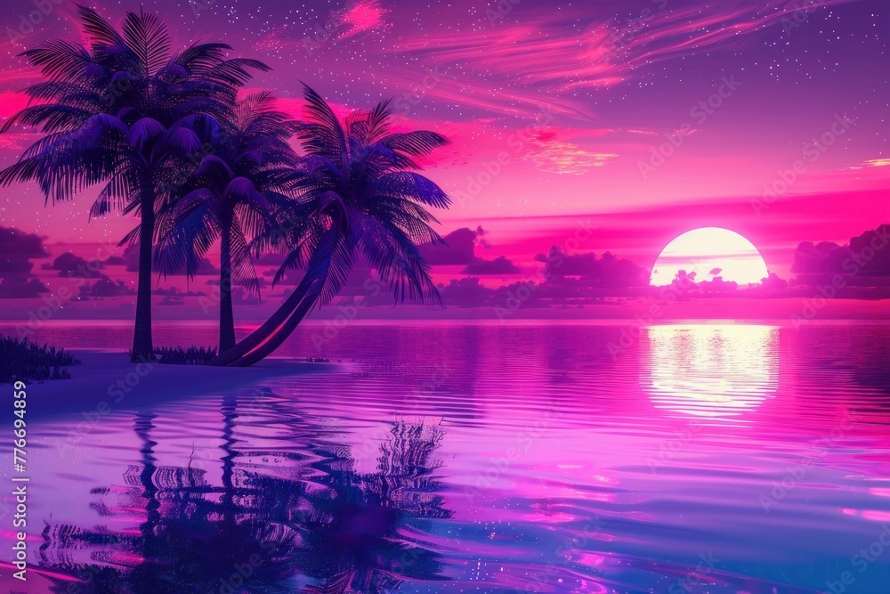 A beautiful sunset over the ocean with palm trees in the background, neon style..