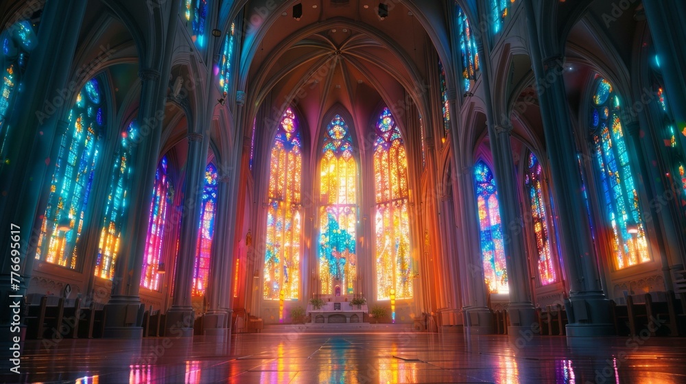 A large cathedral with many colorful stained glass windows. Generative AI.