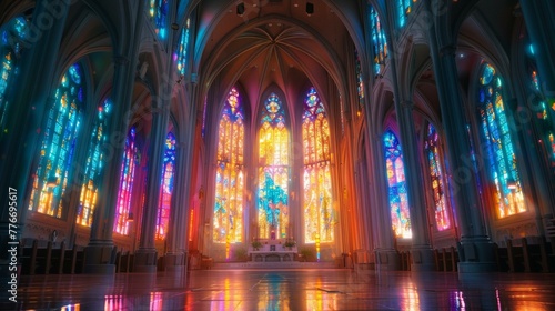 A large cathedral with many colorful stained glass windows. Generative AI.