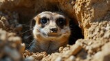 A meerkat peeks out from a hole in the ground. Generative AI.