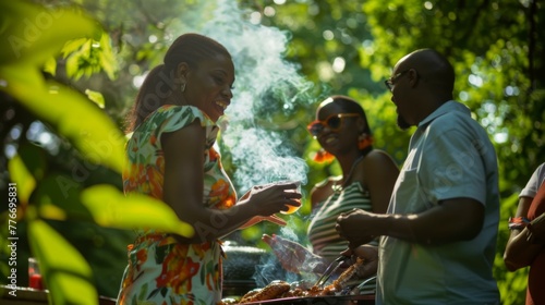 A group of people standing around a grill with food. Generative AI.