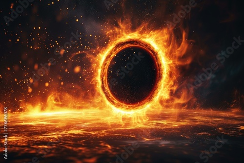 A black hole is shown in flames with a bright light. Generative AI.