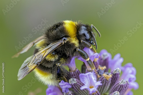 Close Up of a Bumblebee Pollinating Purple Flowers on a Vibrant Green Background, Detailing Intricate Wings and Fuzzy Body © pisan