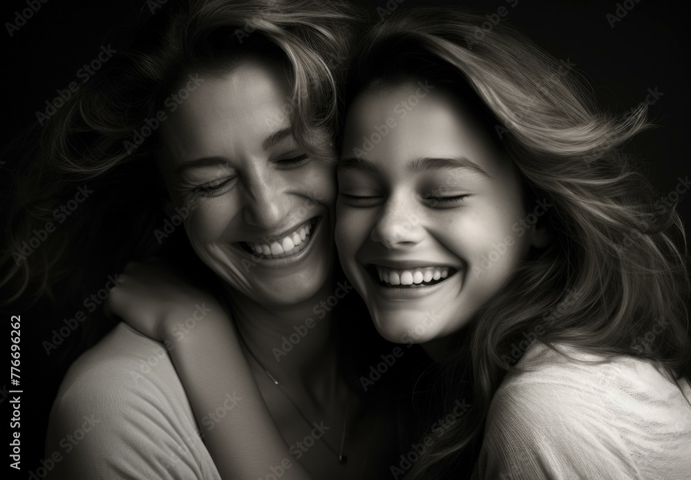 Two women are hugging each other and smiling in a black and white photo. Generative AI. Two women are hugging each other and smiling in a black and white photo. Generative AI.