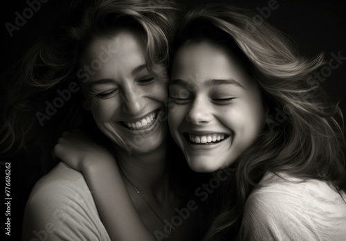 Two women are hugging each other and smiling in a black and white photo. Generative AI.