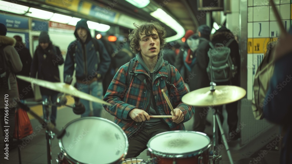 A man playing drums in a station with other people. Generative AI. A man playing drums in a station with other people. Generative AI.