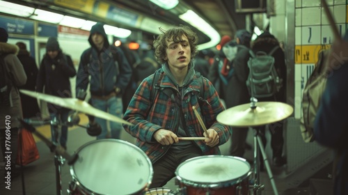 A man playing drums in a station with other people. Generative AI.