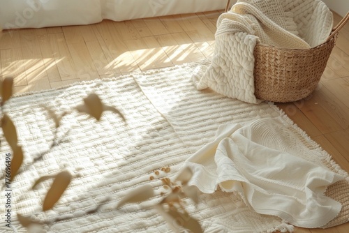 Quilted cotton play mat with a wooden tray  white flowers  and dried plants.