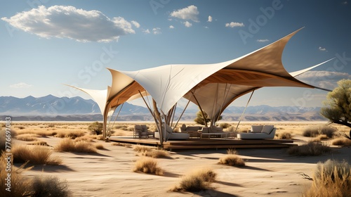 A photorealistic image taken during an a hot, day with clear blue sky in Californian desert. A minimalist, slender, light-weight, architectural canopy structure with rigid, triangular truss system con