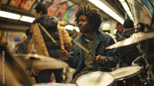 A man with dreadlocks playing drums in a station. Generative AI.
