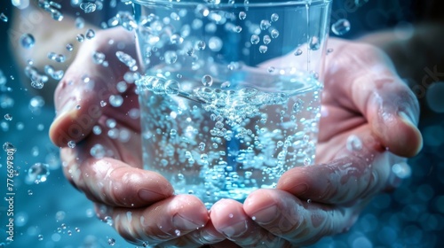 An artistic depiction of human hands holding a glass of cloudy water with tiny unseen germs creeping up from the water and towards