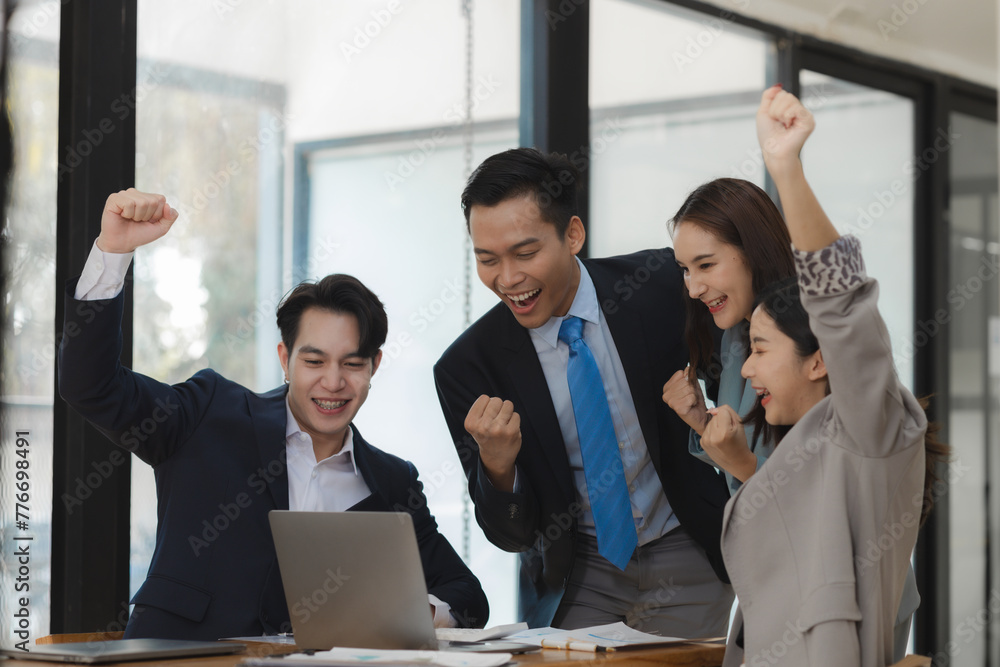 Business partners are congratulating each other on exceeding their sales targets, A group of company employees are very happy after completing a project that their boss intended. Business partners are congratulating each other on exceeding their sales targets, A group of company employees are very happy after completing a project that their boss intended.