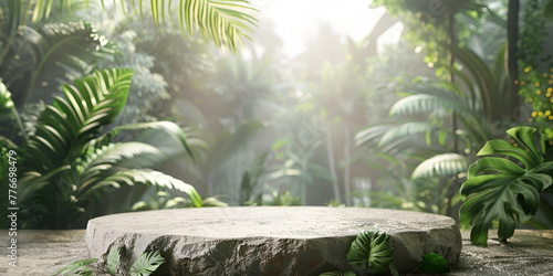 Empty Stone Table for Product Display Lush Jungle Background Perfect for Nature and Forest Blurred green Forest rain background for product presentation