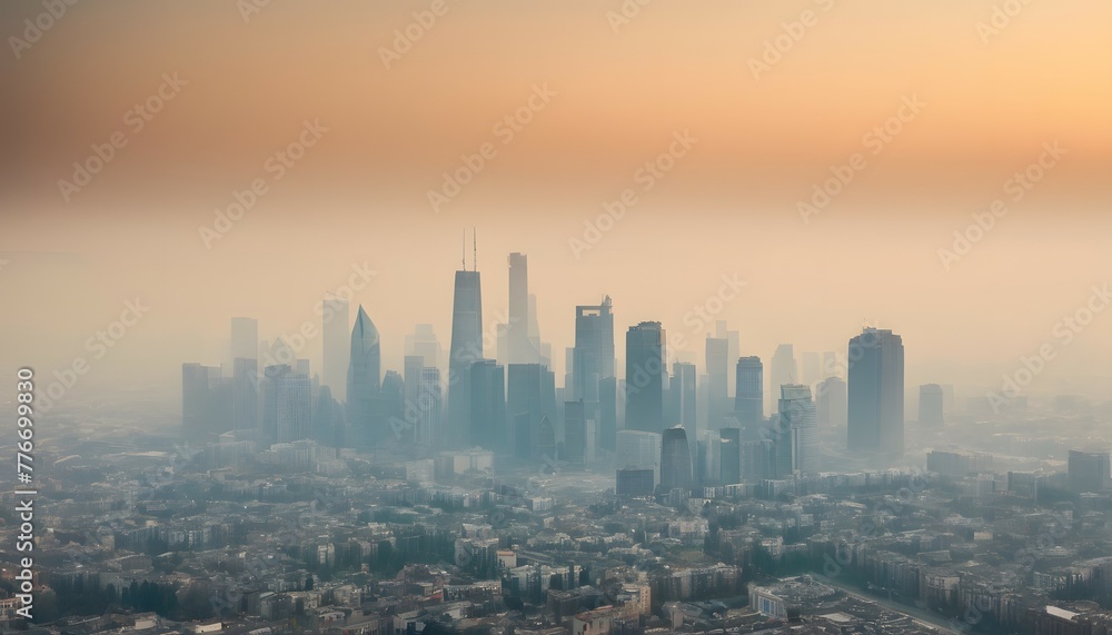 Fototapeta premium City skyline shrouded in smog with poor air quality, global pollution, environmental pollution, climate change