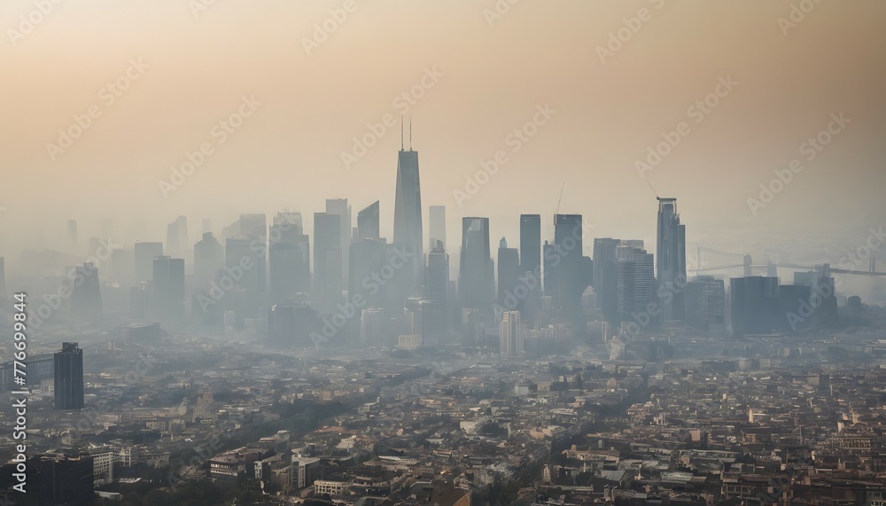 Fototapeta premium City skyline shrouded in smog with poor air quality, global pollution, environmental pollution, climate change