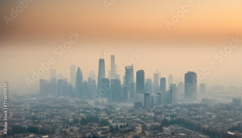 City skyline shrouded in smog with poor air quality, global pollution, environmental pollution, climate change