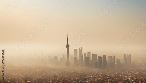 City skyline shrouded in smog with poor air quality  global pollution  environmental pollution  climate change