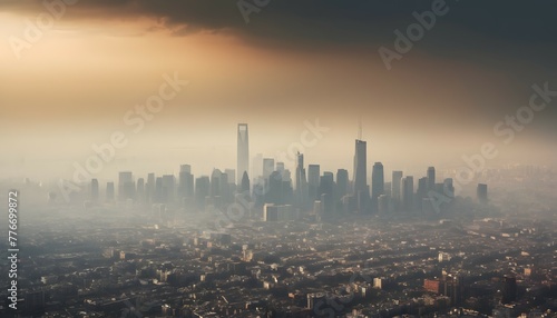 City skyline shrouded in smog with poor air quality, global pollution, environmental pollution, climate change photo