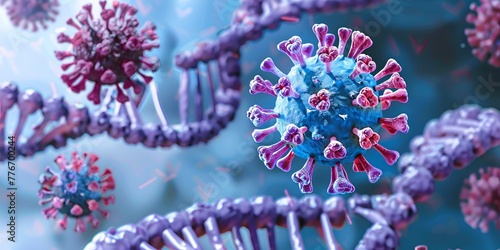 3D illustrated virus Virus cell or bacterial background COVID19 mutant virus,  Virus cells attacking a dna strand
