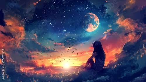 Skyward Whispers: Awe-Inspiring Anime Girl Immersed in Celestial Beauty. Seamless looping time-lapse virtual 4k video animation background photo
