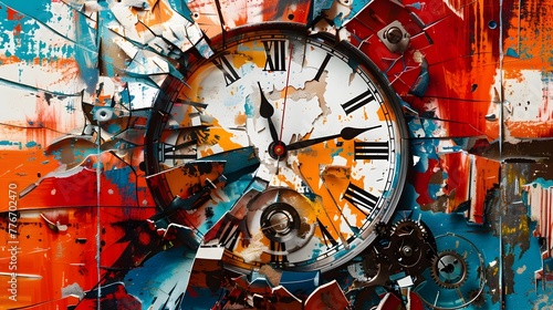 Fractured Time A Clock Composition in Vibrant Abstract Artwork