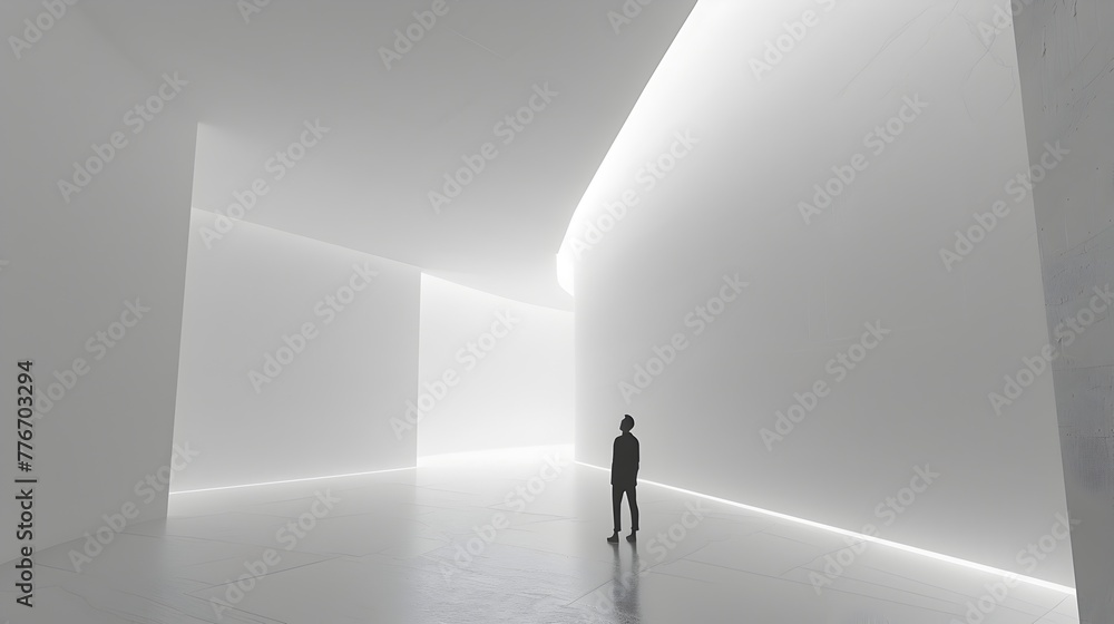 Solitary Figure in Vast Minimalist Interior:Exploring Themes of Isolation and Insignificance through Digital Art