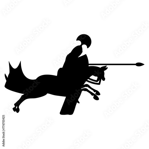 Medieval knight riding with spear on a horse. Lancelot. Illuminated manuscript design. Black silhouette on white background.