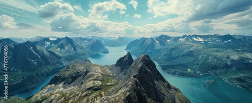 panoramic photo of the fjords in Norway, taken from the top of a mountain with a lake below