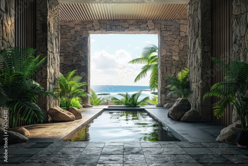 Ocean view from a luxurious indoor pool with stone walls and palm trees © evgenia_lo