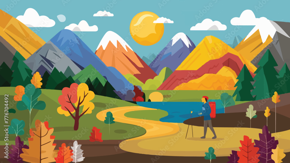 Fall Mountain Hiking: Vibrant Vector Poster