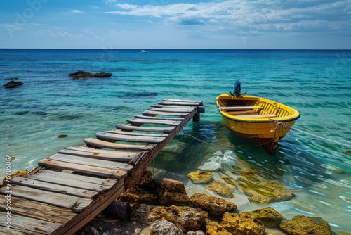 Rustic wooden jetty with a moored yellow boat on clear turquoise waters © evgenia_lo