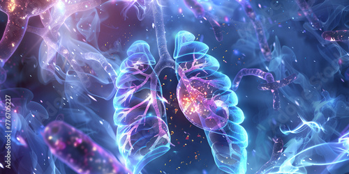 Digital illustration of human lungs with trachea surrounded by virus particles., Detailed 3d illustration of lungs, highlighting respiratory system and healthcare concept photo