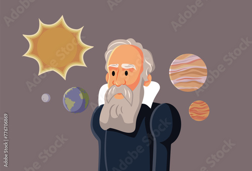 Vector Portrait of Galileo Galilei in Caricature Style. Famous astronomer and polymath discovering planets with his new invention
