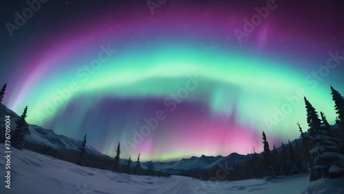 Aurora Lights up over the snowy mountains