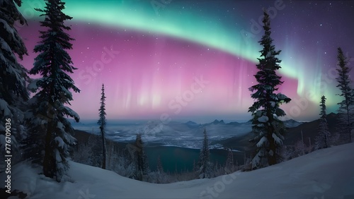 Vibrant aurora illuminating snowy mountain