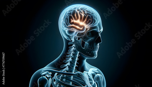 X-Ray Human with Glowing Brain: Standing Pose, Detailed Skeletal Structure, on Dark Background