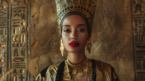 A woman stands tall and proud adorned in a gold headpiece and dd in a flowing black and gold robe. The intricate hieroglyphic patterns on her robe pay homage to the ancient traditions .