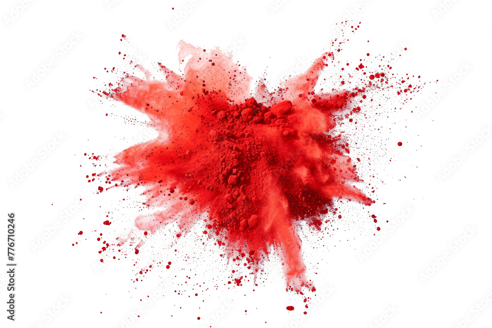 A succinct depiction of a red paint color powder festival explosion, isolated against a transparent background.	