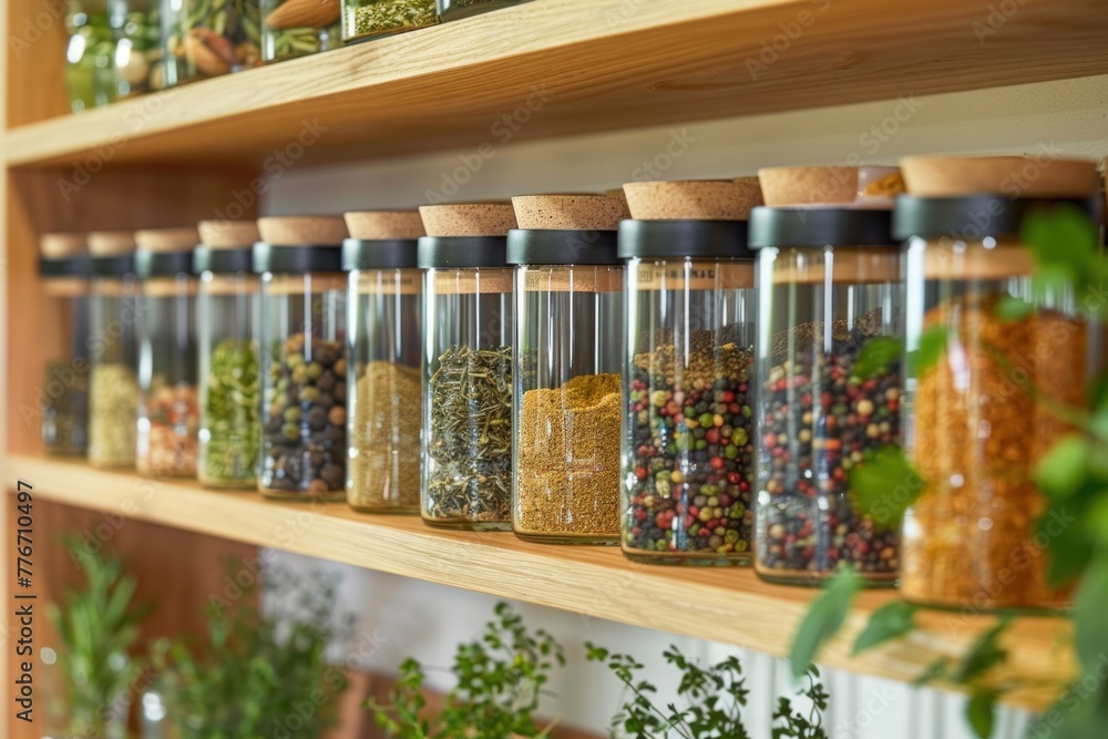 Jars of various spices on the shelf Jars of various spices on the shelf