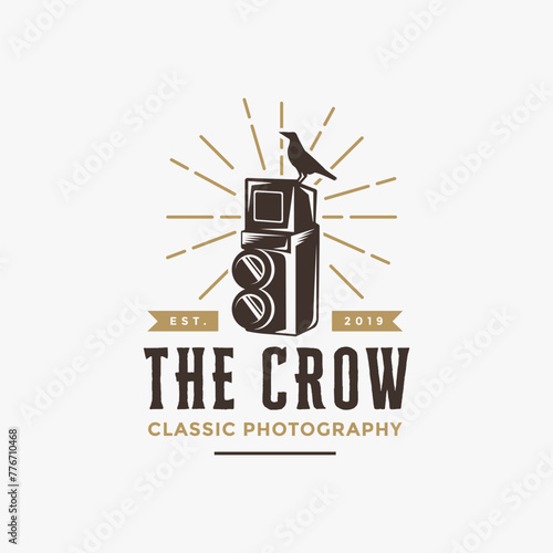 Vintage hipster old camera and crow raven bird logo icon vector template on white background