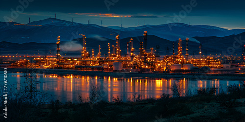 A large oil refinery with mountains in the background., Twilight Oil Refinery Factory Petrochemical Plant Petroleum Chemical Industry, Industrial view of oil refinery factory with sunset