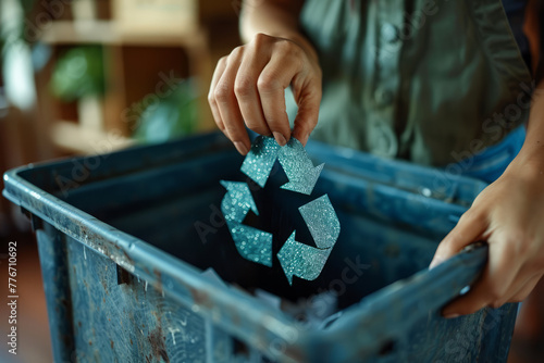 woman hand putting waste paper into a trash bin with recycling icon,generative ai