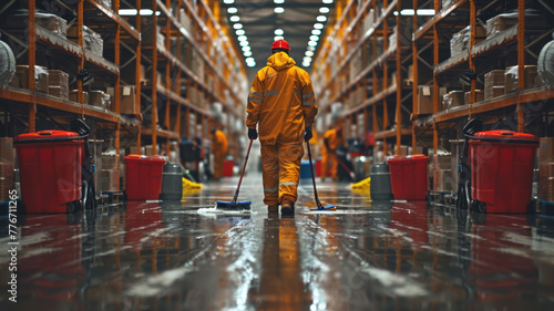 warehouse workers mopping and cleaning a warehouse,generative ai