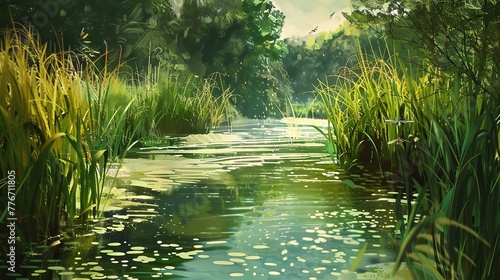 A lazy summer river flanked by banks of reeds and rushes, with dragonflies hovering above the water. Emphasize an impressionistic style
