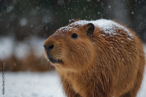 capybara in the snow on a sunny day